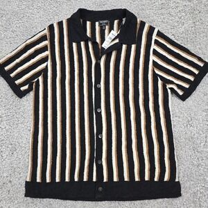 Todd‎ Snyder Shirt Men Medium Bouclé Black Tan Stripe Knit Polo Button NWT